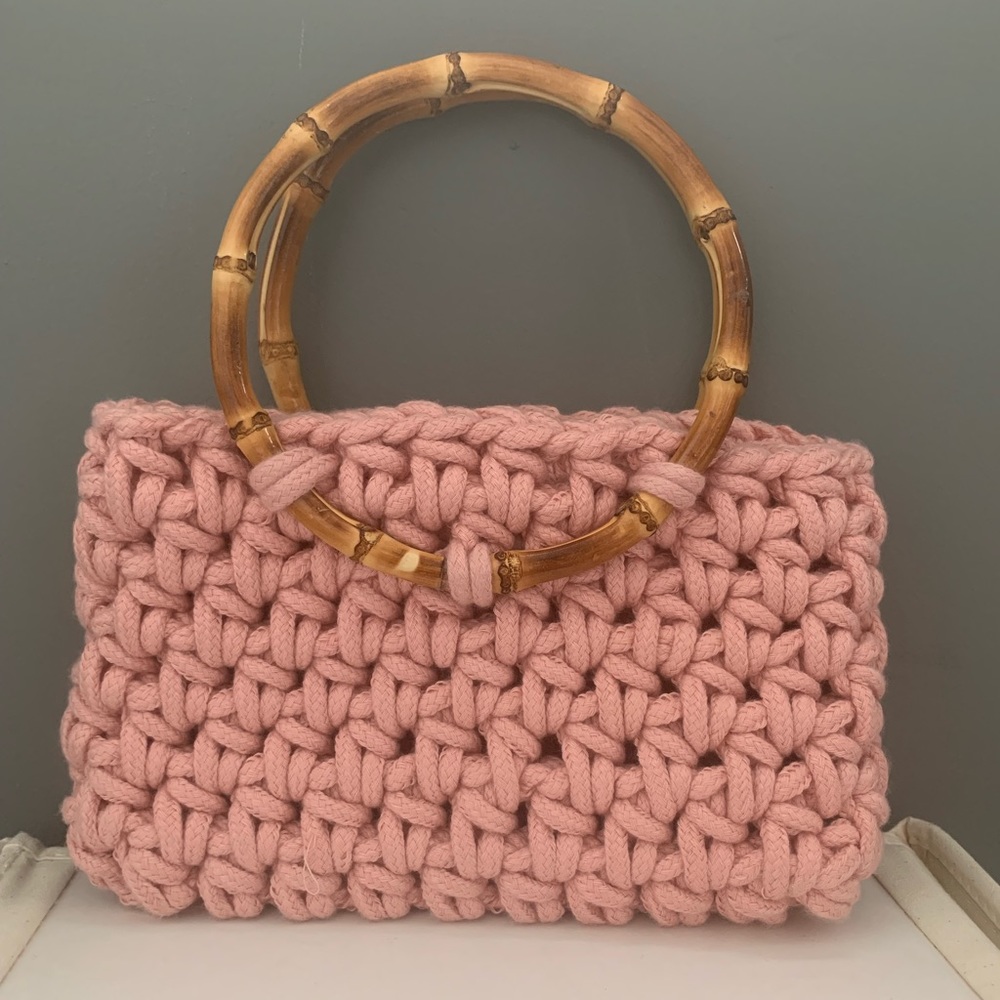 Mini Crochet Baby Pink Bag With Bamboo Handle